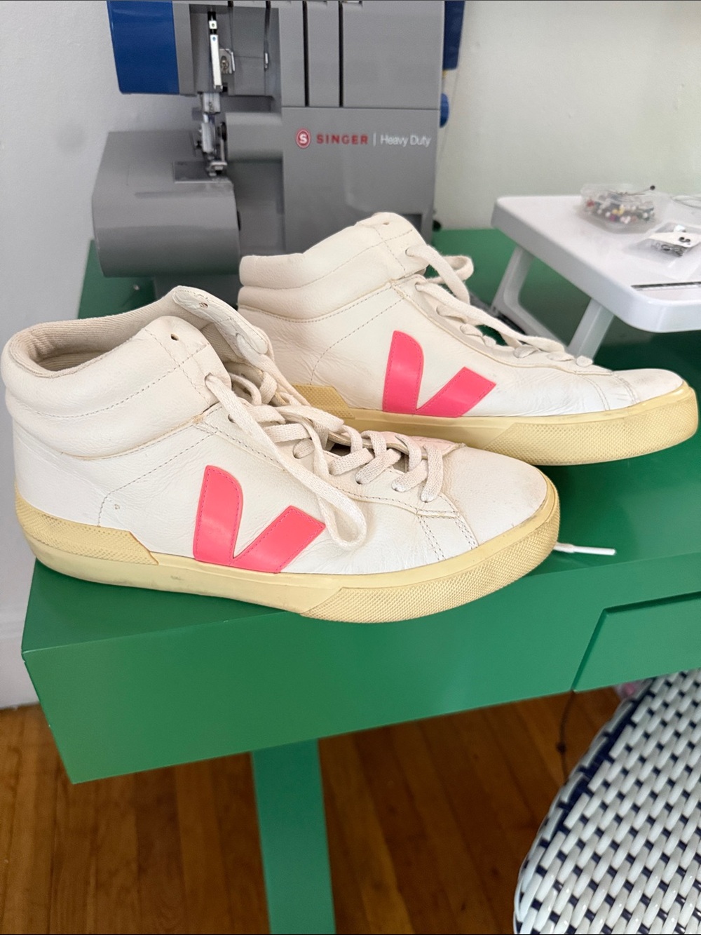 Veja- Cream High-Top Sneakers with Pink Accent - Women